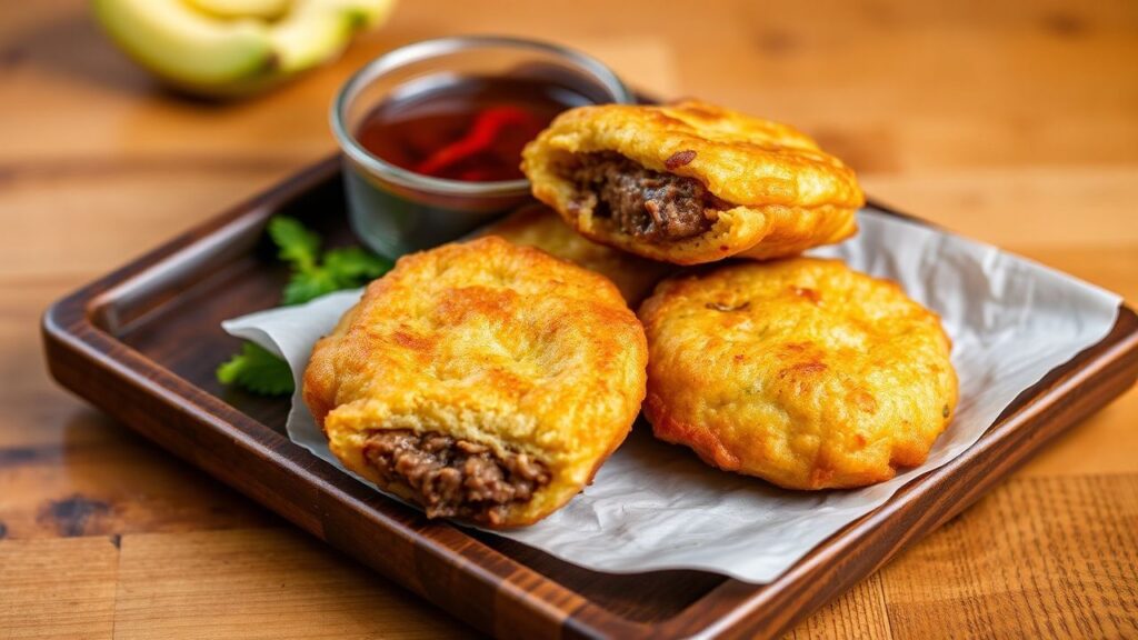 Finished best savory green banana fritters stuffed with succulent beef