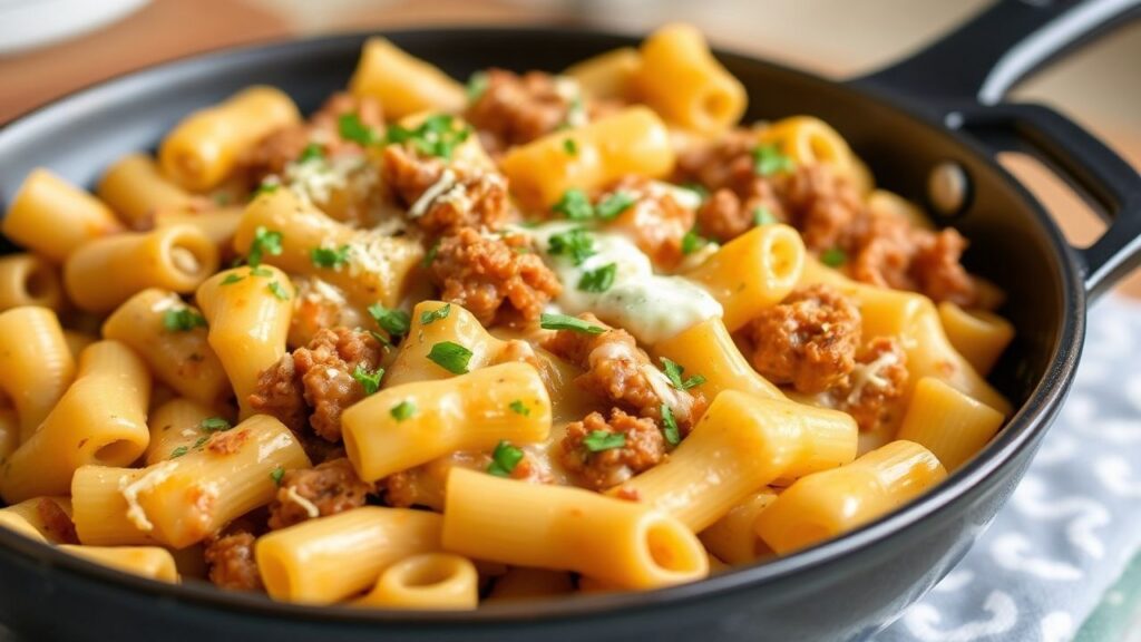 Cheesy beef bowtie pasta skillet finished meal