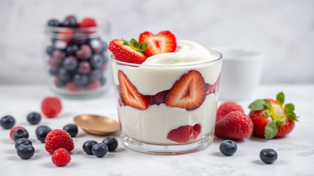 Berry yogurt parfait with colorful fruit layers for a healthy snack