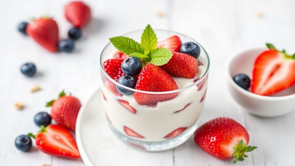 Berry yogurt parfait layering technique and fresh toppings