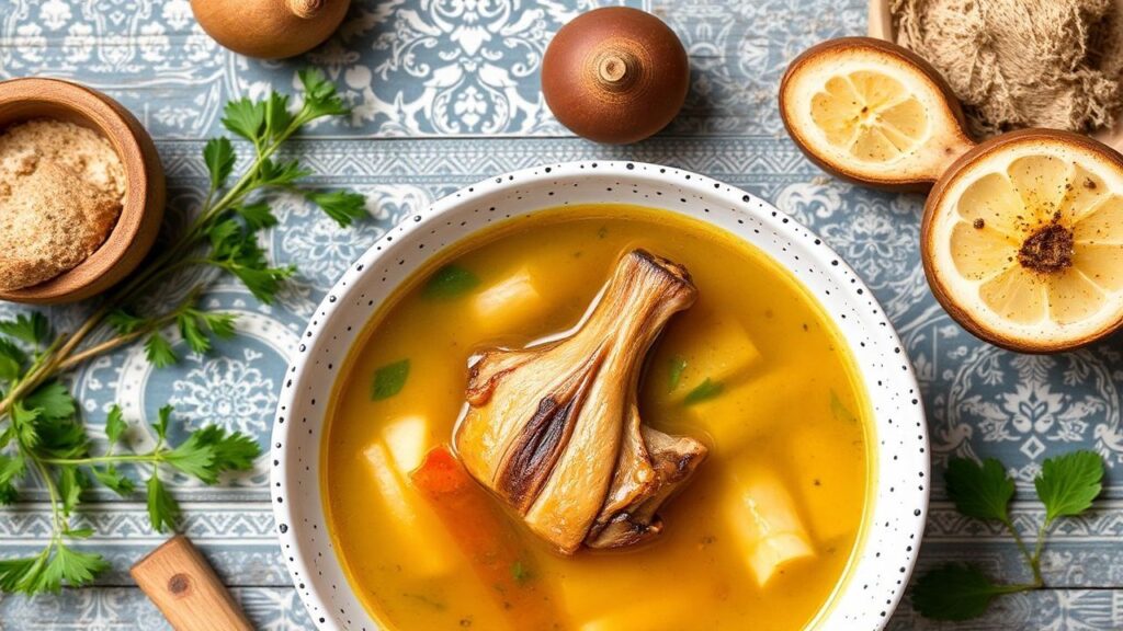 Herbal chicken rib soup served with garnishes