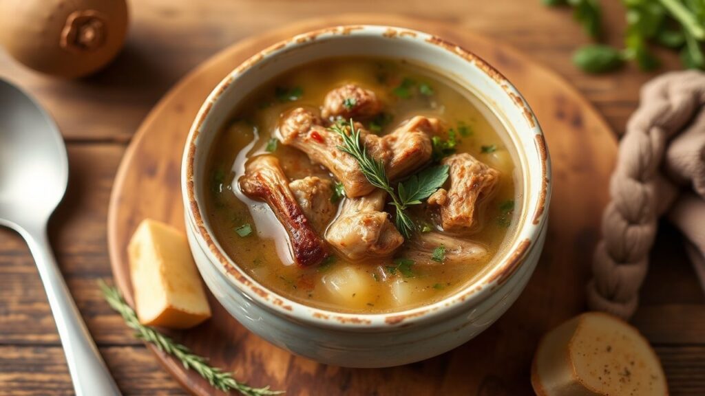 A comforting bowl of herbal chicken rib soup