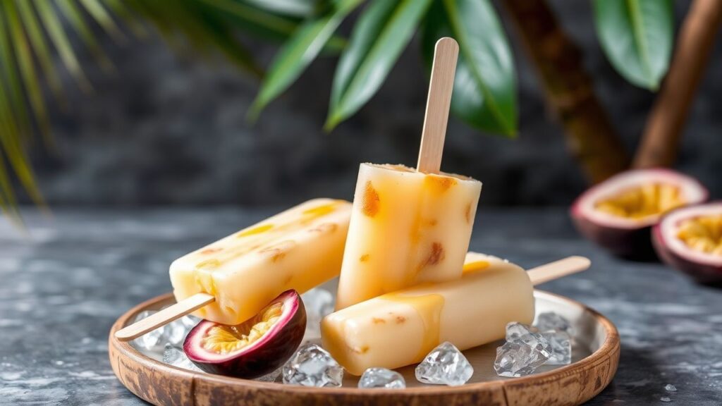 مثلجات جوز الهند مع شغف استوائي وعصير فواكه بملمس كريمي