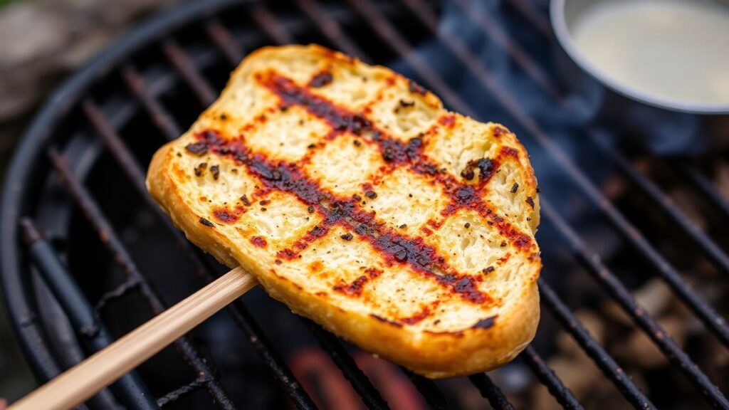 Grilled bread on a stick using a 10-step method: proofing, indirect-then-direct grill steps.