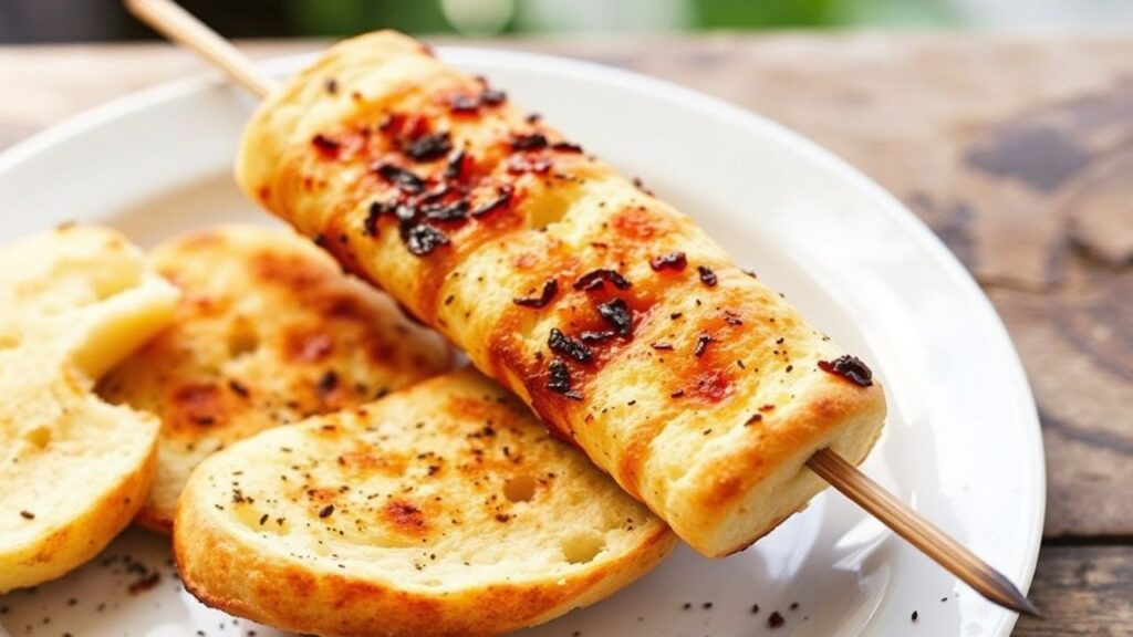 Grilled bread on a stick with maximum char, golden crust, and smoky flavor from grilling.
