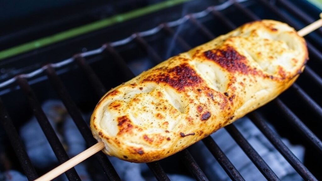 Grilled bread on a stick with maximum char, golden crust, and smoky flavor from grilling.