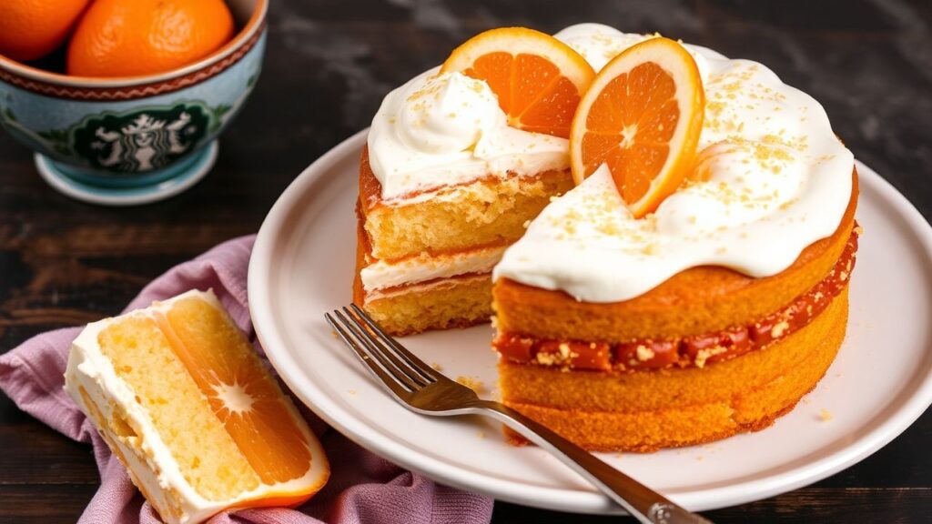 Orange Creamsicle Cake slice with creamy orange frosting