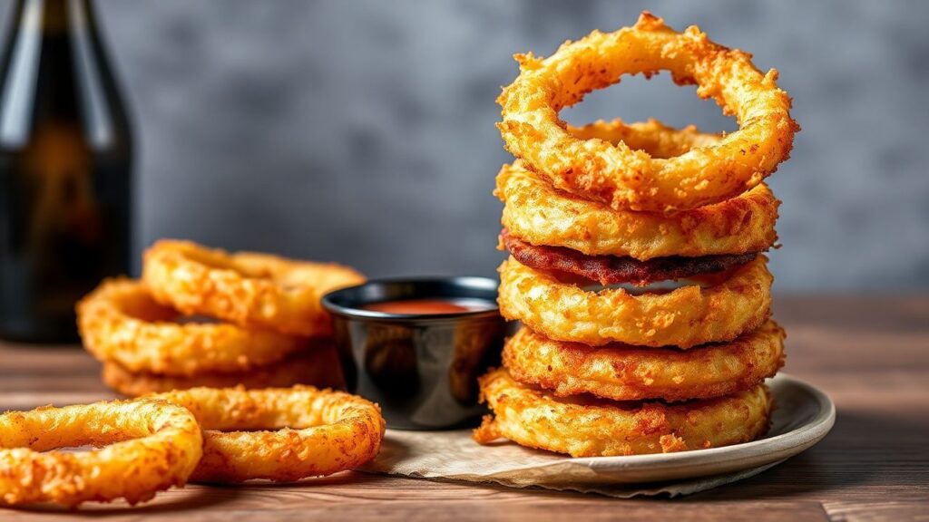 Crispy low-carb onion rings made in an air fryer with golden crunch.
