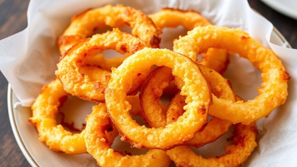Golden low-carb onion rings from an air fryer, ready for dipping.