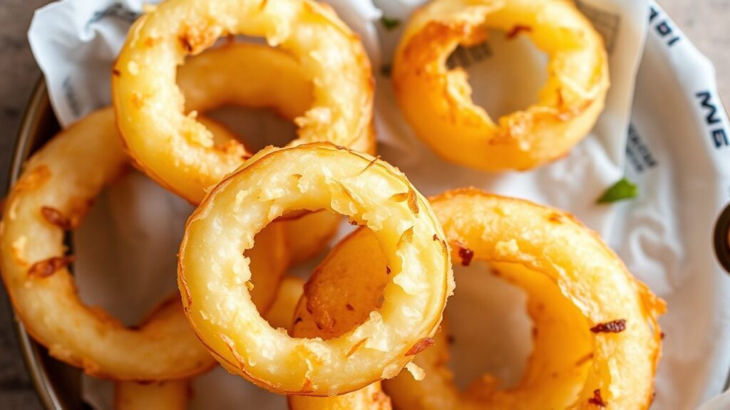 Crispy low-carb air fryer onion rings with a crunchy exterior.