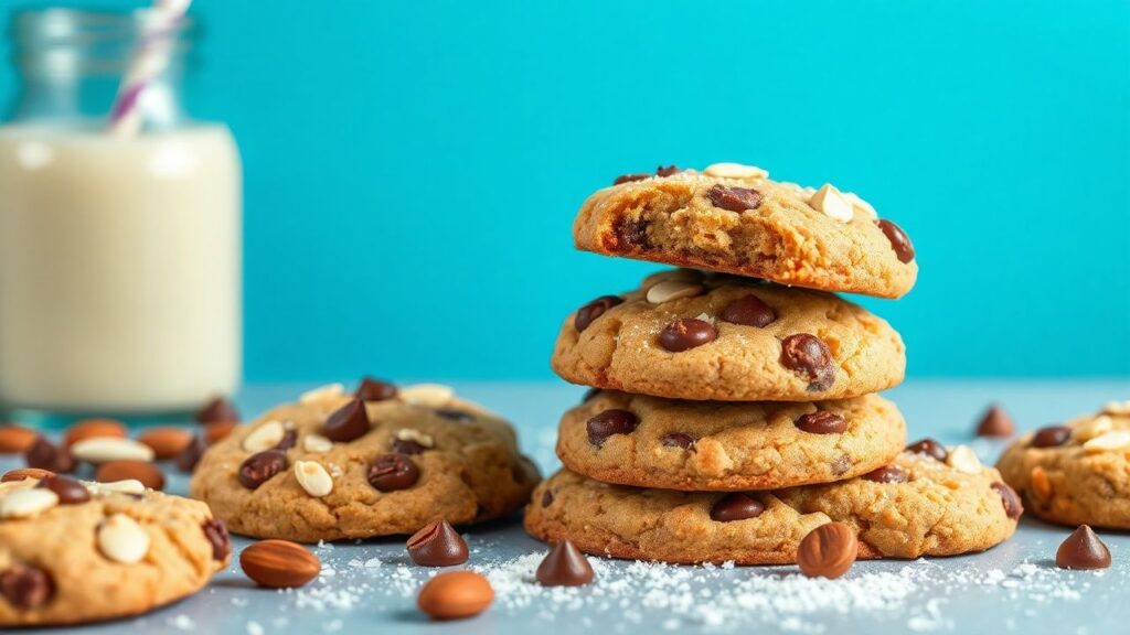 Almond flour chocolate chip cookie ingredients and baked cookies on a tray.