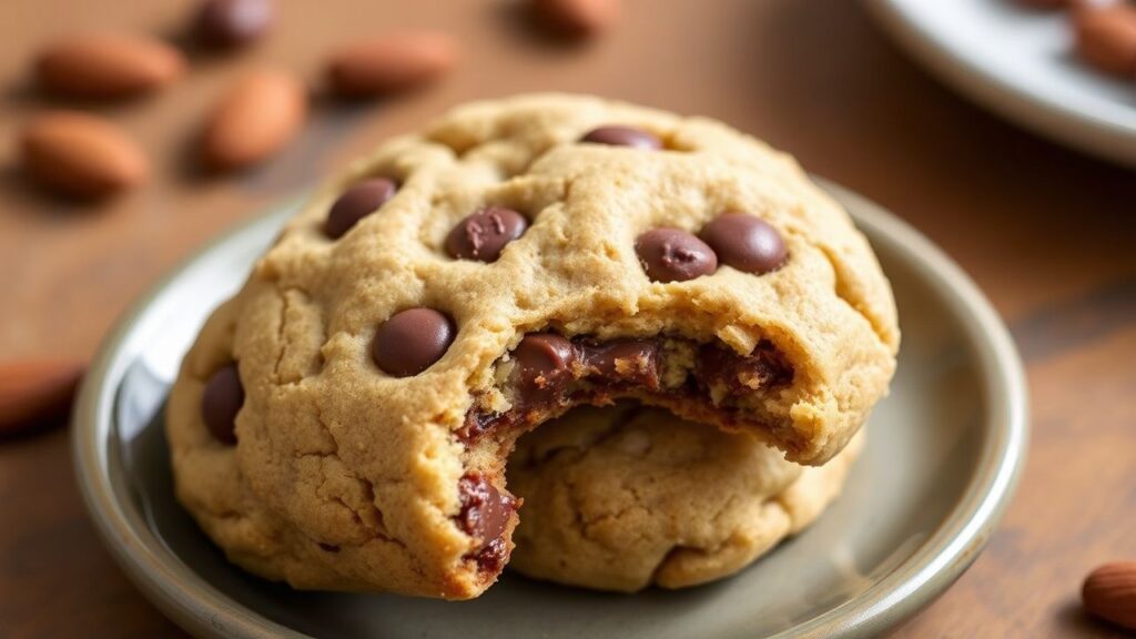 Almond flour chocolate chip cookies with visible chocolate chips.