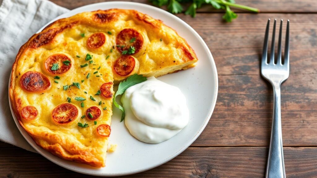Hearty potato and herb frittata slice, golden and comforting for a stress-free morning.