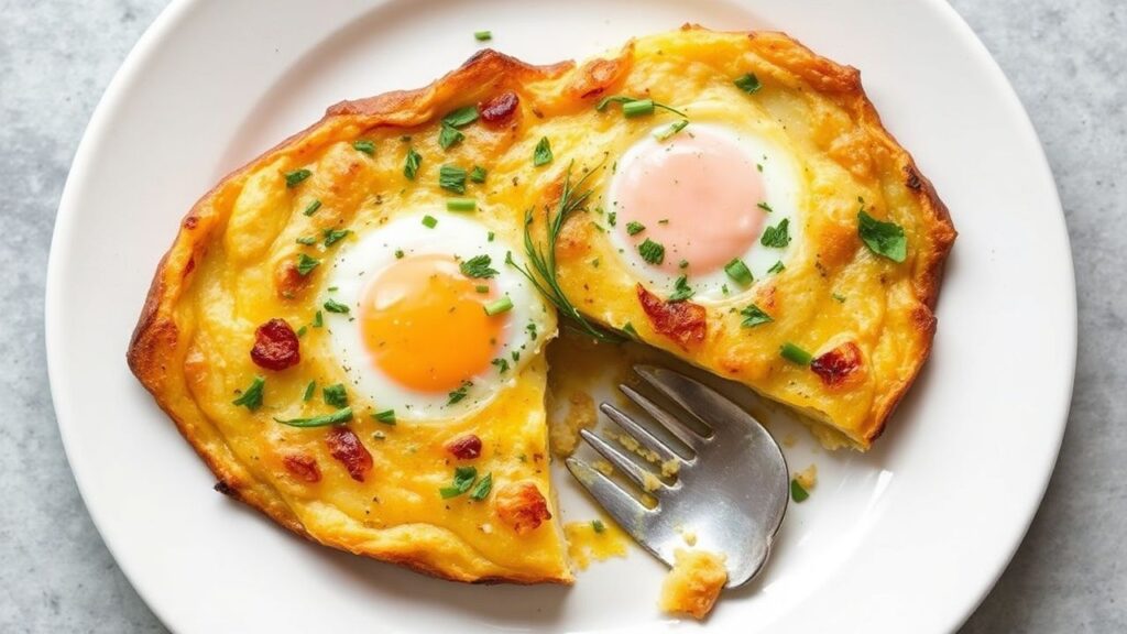 Hearty potato and herb frittata with golden slices, fresh herbs, and a clean morning look.