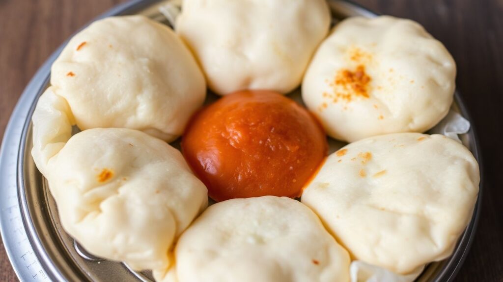 Puffy bhatura with golden bubbles, fluffy inside, and thermometer-guided dough handling in steps illustration