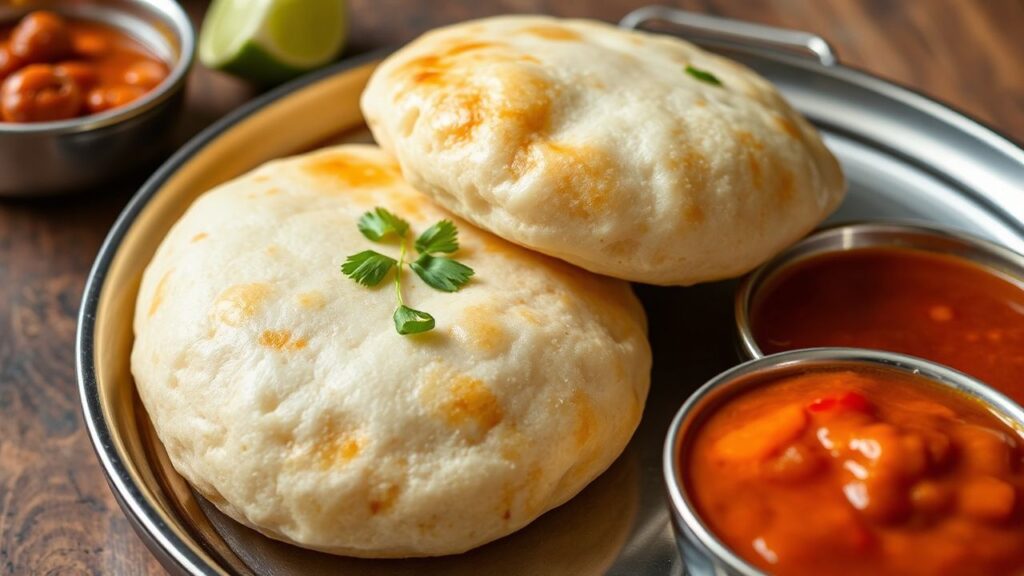Puffy bhatura rising, golden deep-fried bread with crisp edges and soft, airy center texture.
