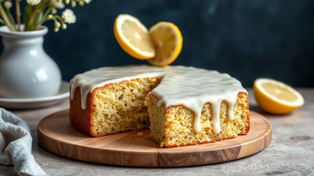 Gluten-Free Lemon poppy seed cake with bright glaze, moist crumb, zesty slices. Better after day.