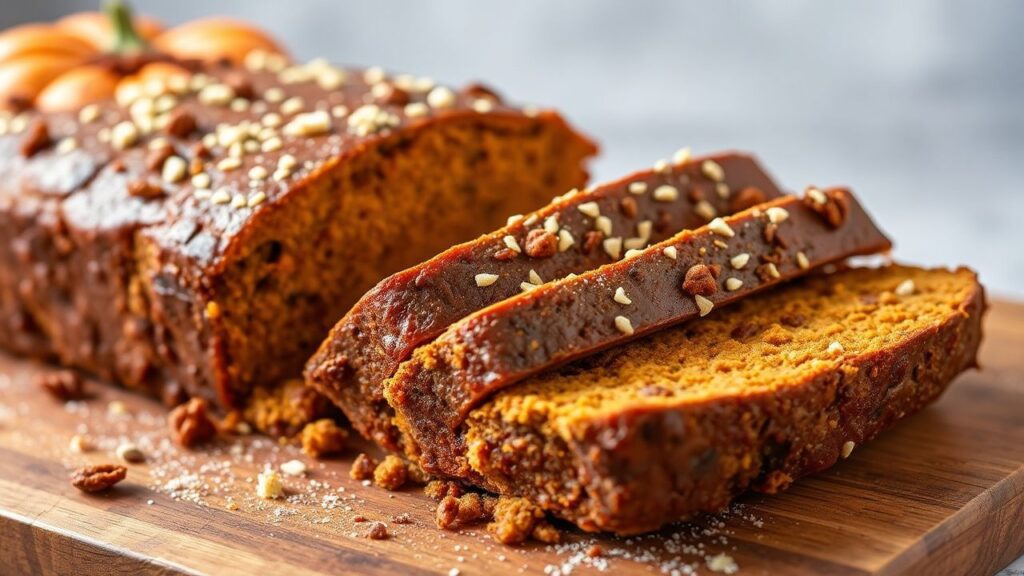 Cozy keto pumpkin spice loaf with spiced glaze and autumn toppings on a warm baking tray.