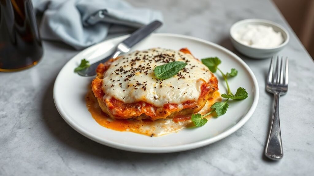 صورة دجاج بارميزان كيتو مقرمش بالجبن الإيطالي الغني منخفض الكربوهيدرات