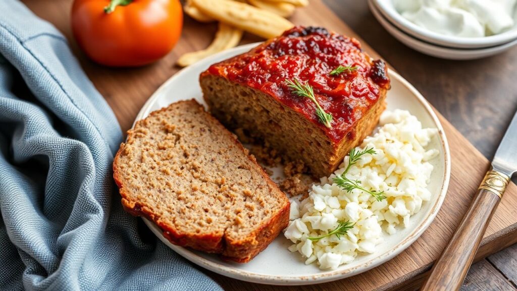 Gluten-Free Turkey Meatloaf garnished with fresh herbs and vegetables