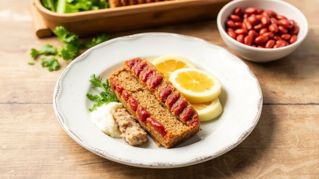 Gluten-Free Turkey Meatloaf served with herbs and vegetable sides