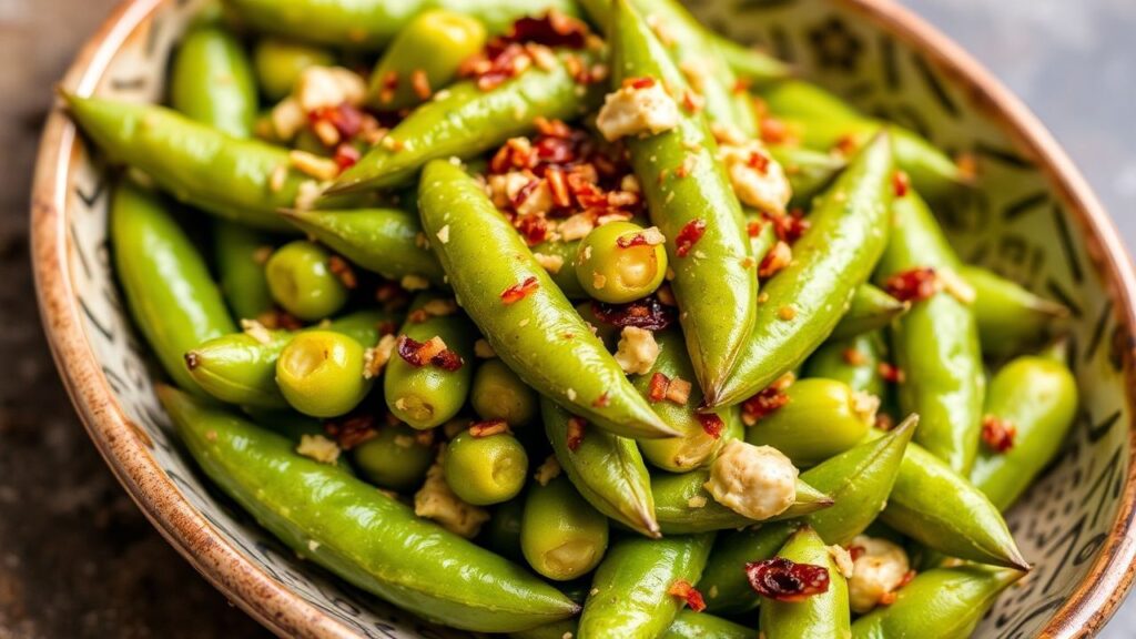 عزف شهية: حبات إدامامي حارة مع ثوم حار وعطر زاهي، لقمة مثالية ومليئة بنكهة قوية.