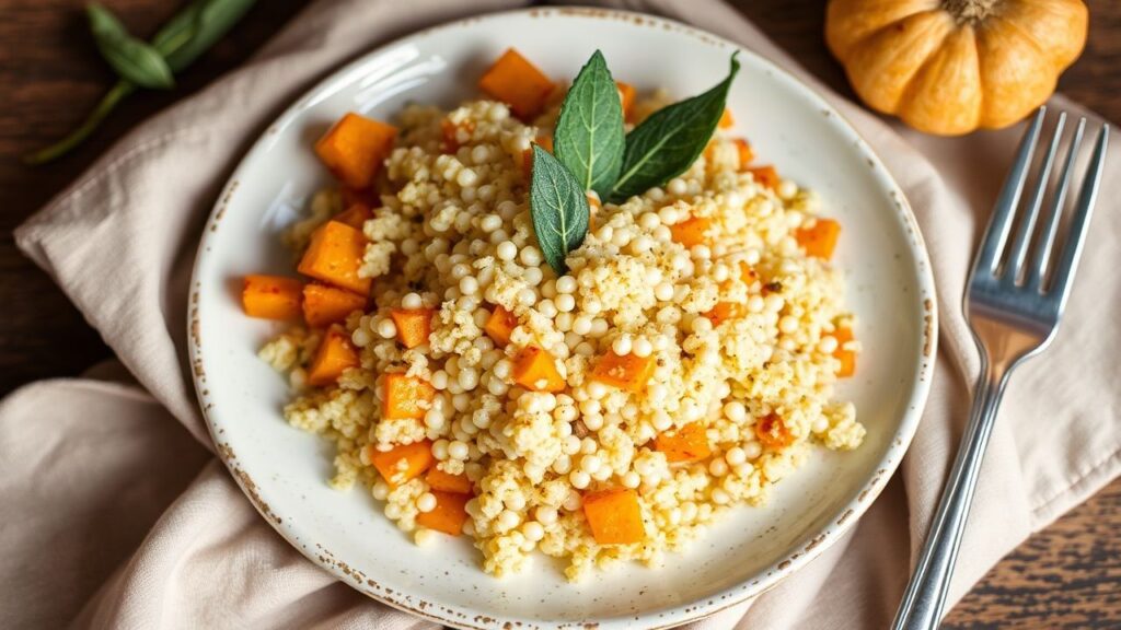 Pearl couscous with roasted squash and sage, warm autumn vibe