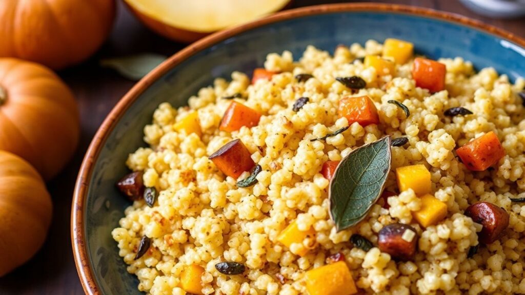 Plate of pearl couscous with roasted squash and sage