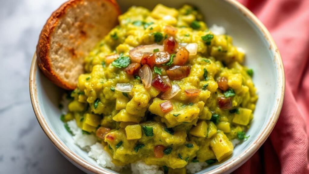 Mangú Magic: Dominican mashed green plantains with onions, topped with sautéed red onions.