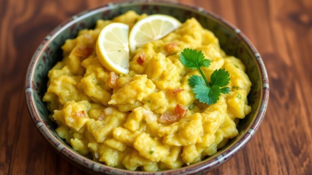 Mangú Magic: a Dominican mashed green plantain dish with onions and fresh herb garnish.