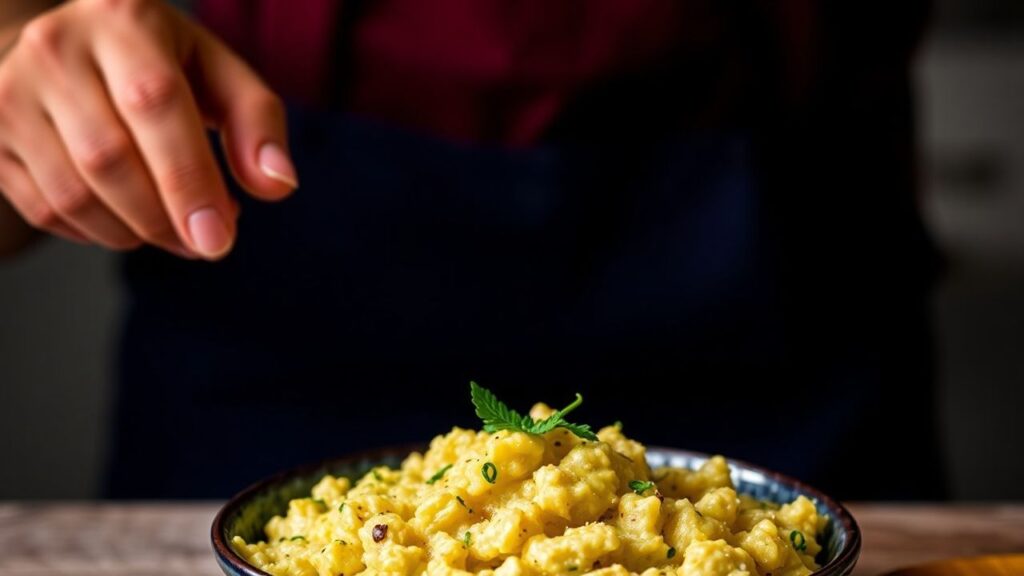 Mangú Magic close-up: mashed green plantains topped with sautéed red onions.