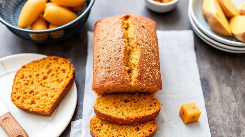 Whole30 sweet potato bread sliced for serving on a plate