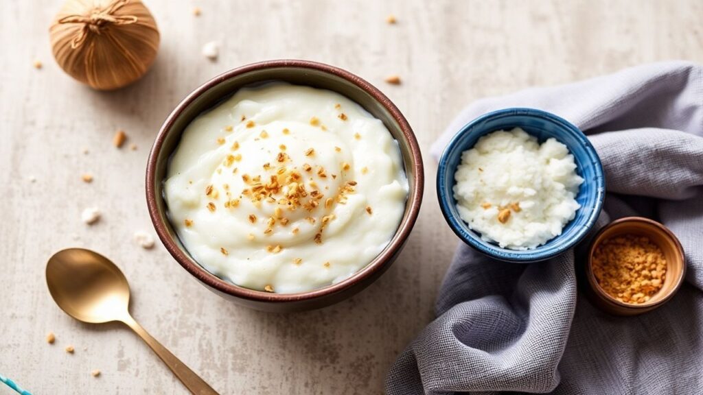 Creamy coconut cardamom rice pudding ready to serve