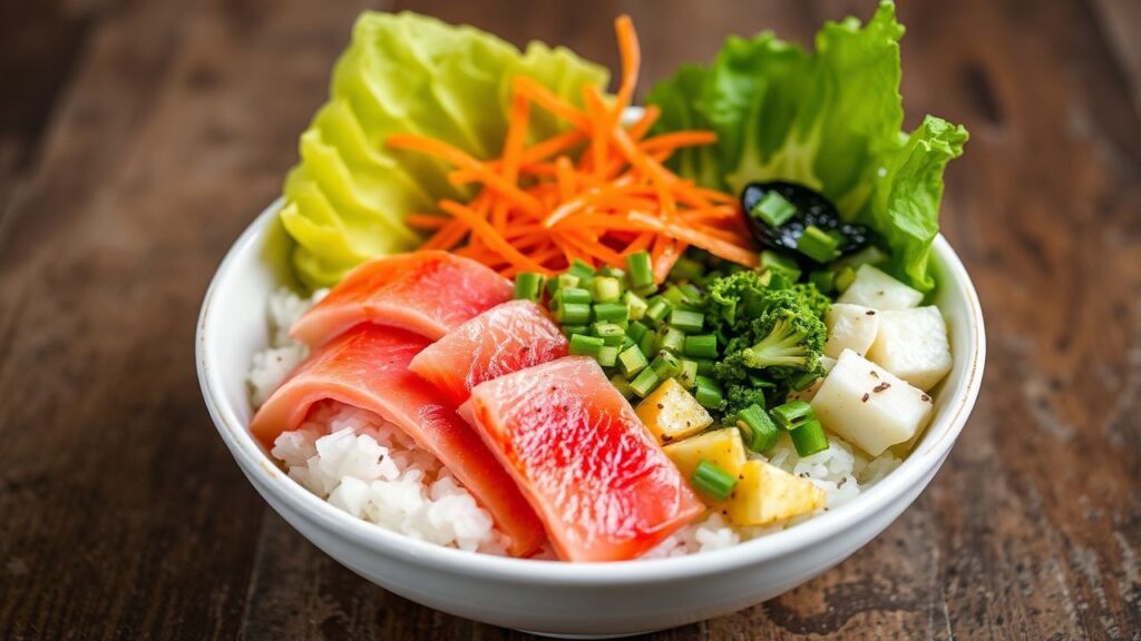 وعاء سوشي مفكك بنكهة قوية مع أهـي أو توفو، مكونات ملونة شهية ورائعة.