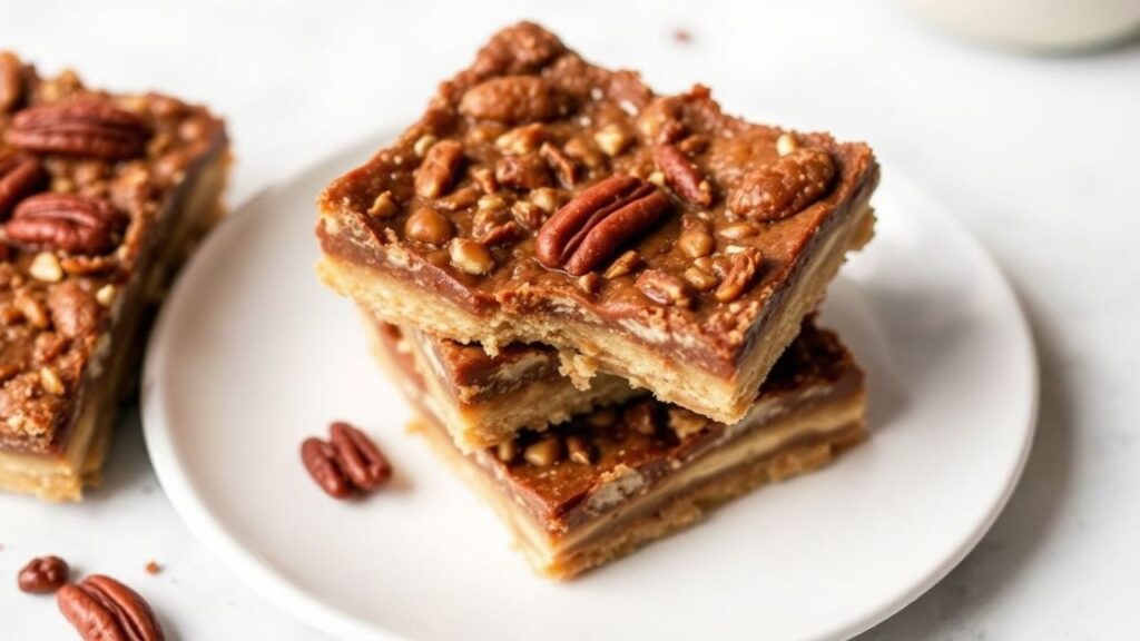 Keto pecan pie bar topped with whipped cream and toasted pecans