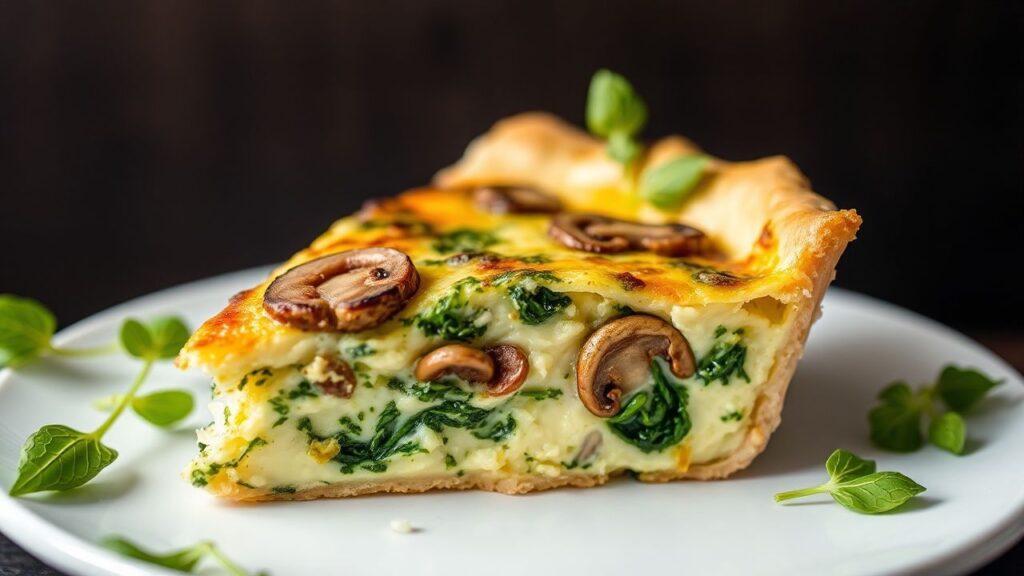 Protein-packed crustless quiche with cottage cheese, spinach, and mushrooms.