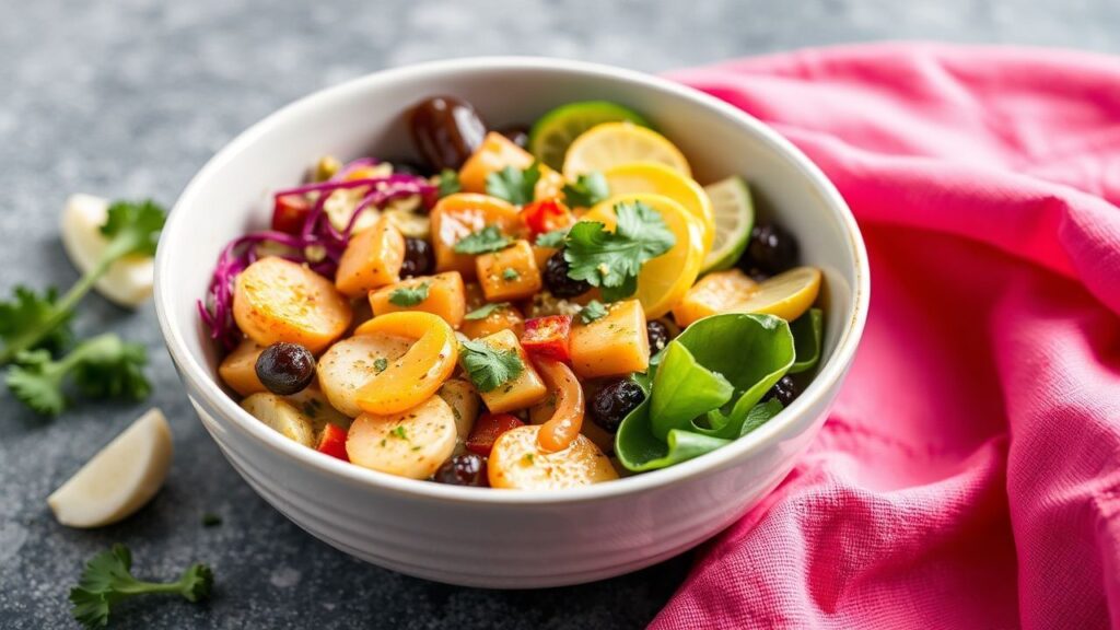 وعاء زِهري نباتي مشرق مع صوص مِيزو زنجبيل زِستي، توازن غذائي ونكهة حيوية.