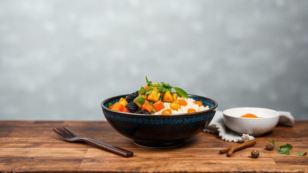 وعاء نباتي متوهج مع صوص ميزو زنجبيل منعش—توهج صحي وفن طهي في كل لقمة