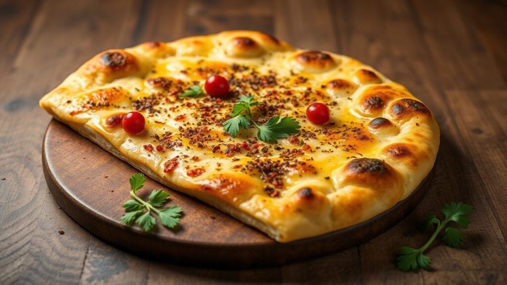 Turkish spiced lahmacun: thin flatbread topped with minced meat, herbs, and vegetables.