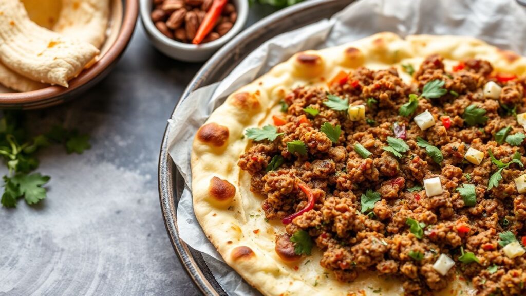 Lahmacun with a spiced minced meat topping over thin dough, ready for baking.