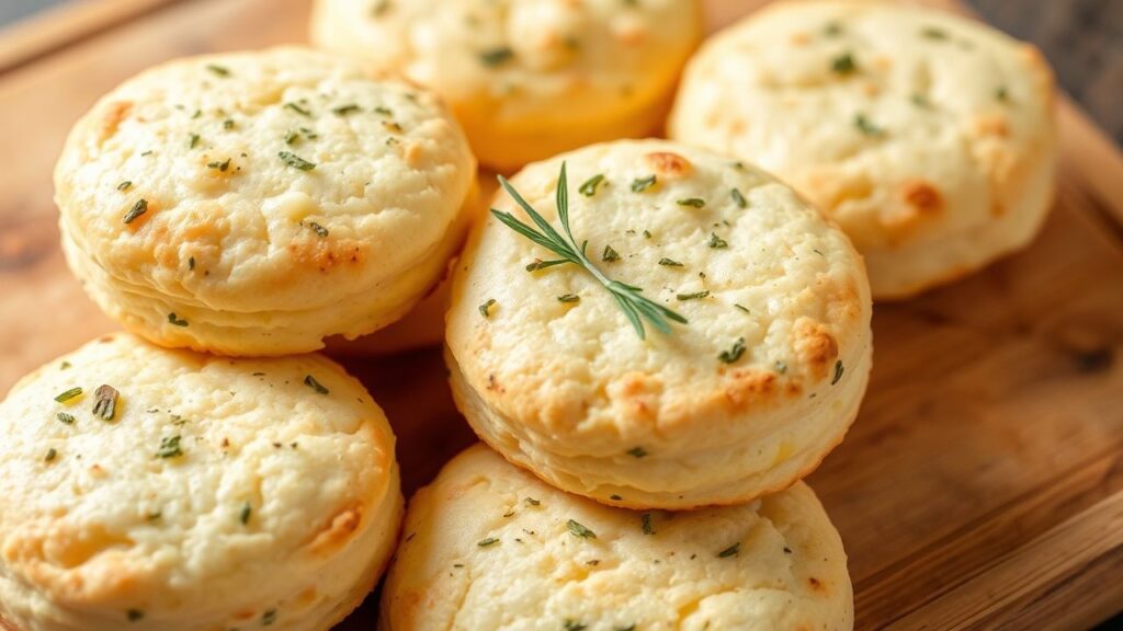 Fluffy cheese and herb drop biscuits cooling on a tray with visible cheddar speckles.