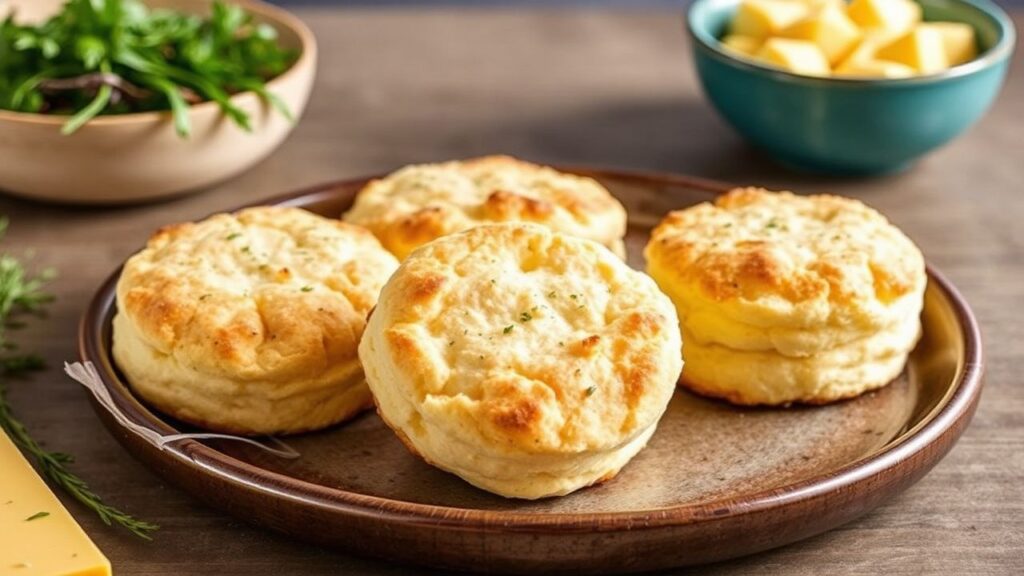 Golden cheese and herb drop biscuits on a baking tray, forming a dozen biscuits.