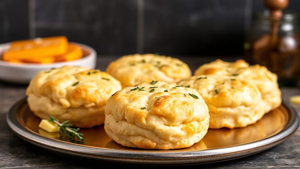 Golden fluffy cheese and herb drop biscuits in a tray.