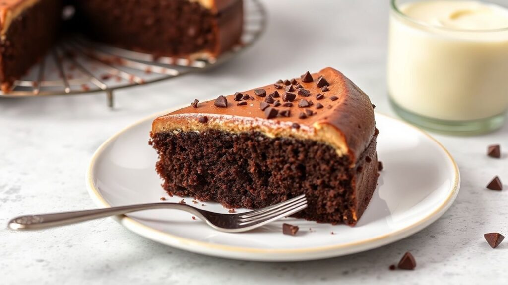 Slice of mayonnaise chocolate cake with glossy ganache topping
