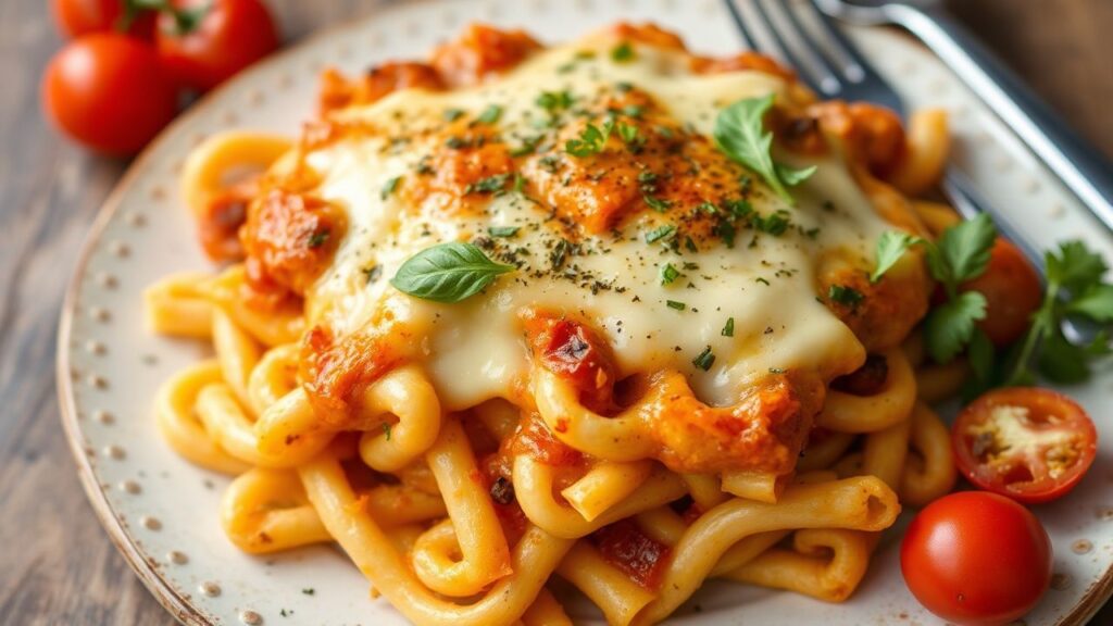 Cheesy vegan baked ziti with zesty marinara in a baked casserole dish