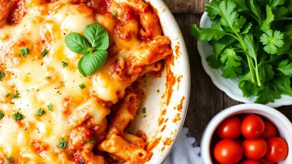 Baked vegan ziti topped with marinara and vegan cheese