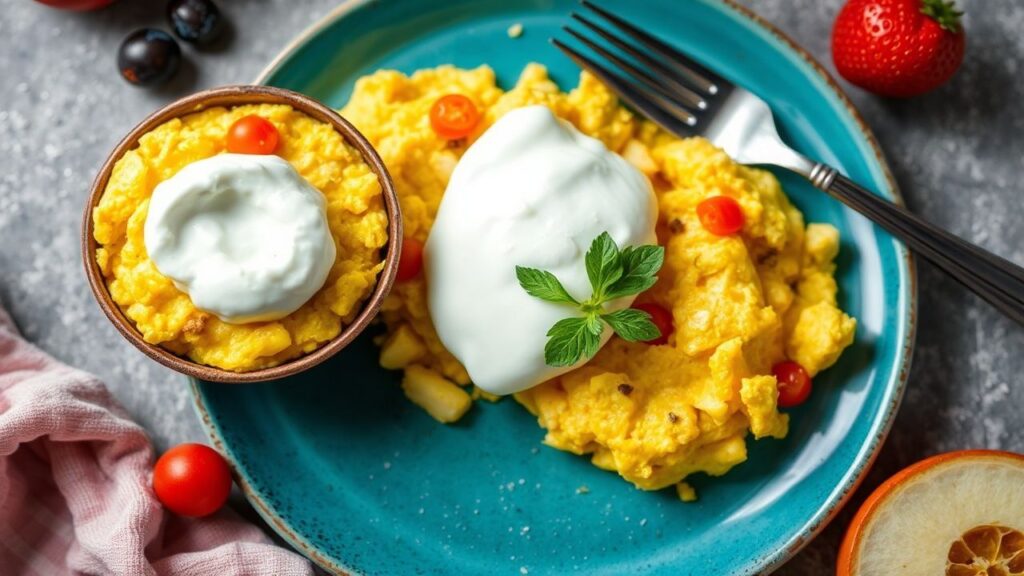 عجة بسيطة مع ملعقة زبادي يوناني تضفي طاقة في الصباح، غذاء يوقظ شهية الجميع