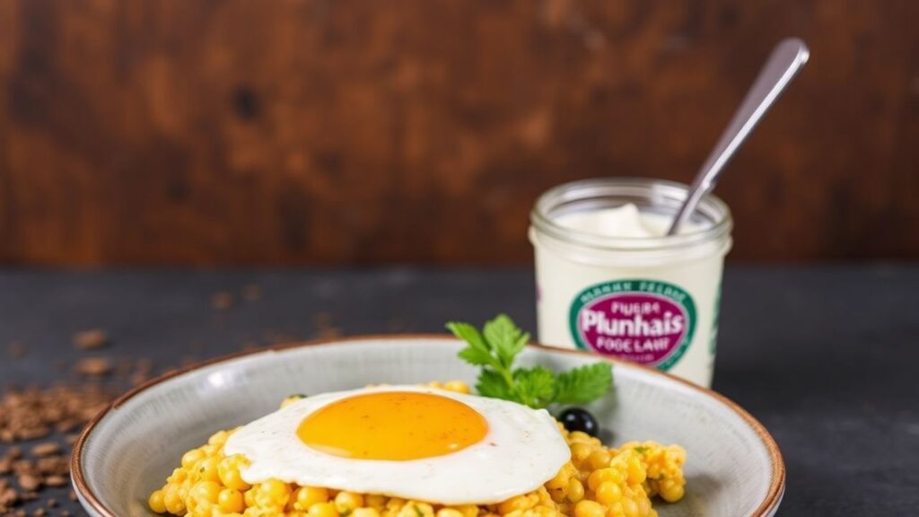 وعاء يوناني مع سكربل البيض يقدم وجبة صباحية قوية ومنعشة لبدء يومك بشكل مثالي