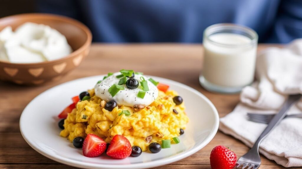وعاء يوناني مع سكربل البيض يقدم وجبة صباحية قوية ومنعشة لبدء يومك بشكل مثالي