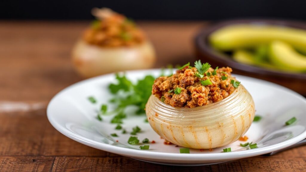 بصلة محشية بلحم مفروم وتوابل غنية، تزيّن مائدتك وتلهم مقبلات شهية لا تُقاوم